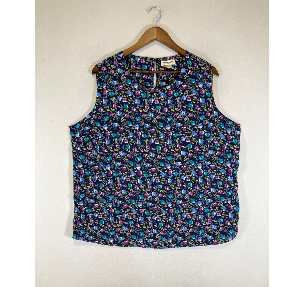 Cottagecore Notations Woman Womens 2X Navy Blue Floral Sleeveless Shell Blouse